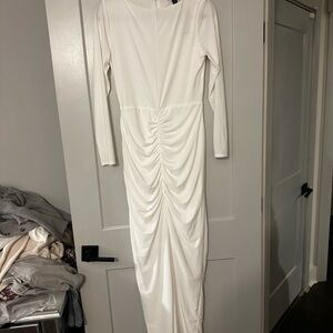 PrettyLittleThing White Ruched Long Sleeve Dress